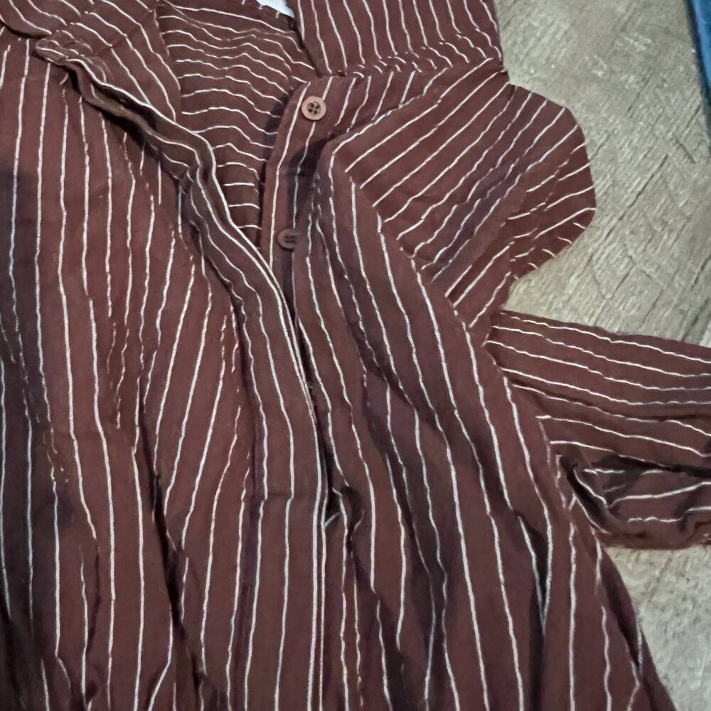 WHITNEY MINI DRESS - LINEN LOOK LONG SLEEVE SHIRT DRESS IN CHOCOLATE PINSTRIPE 2 - Picture 15 of 16